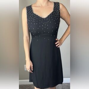 Vintage Anne Klein Silk Rhinestone Neckline Black Sheath Dress M